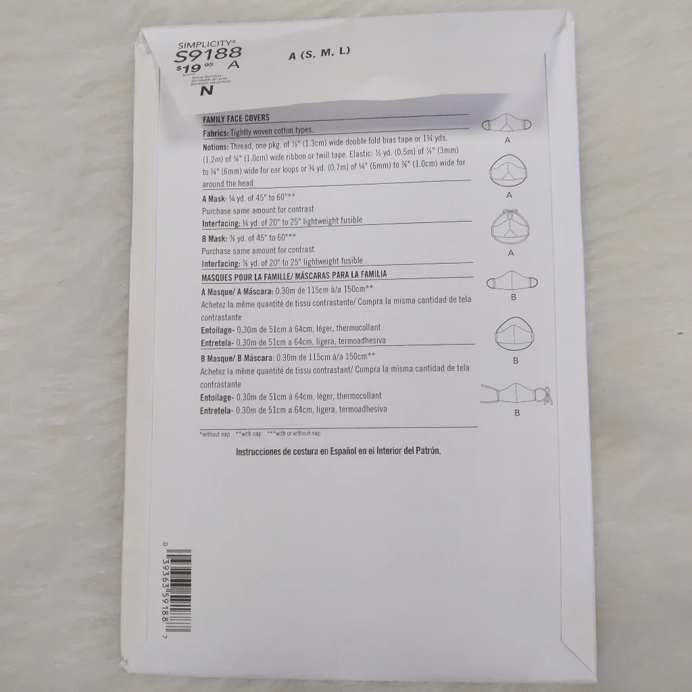 Simplicity 9188 Facial Cover Mask in 2 styles w/ ear loops or behind the head